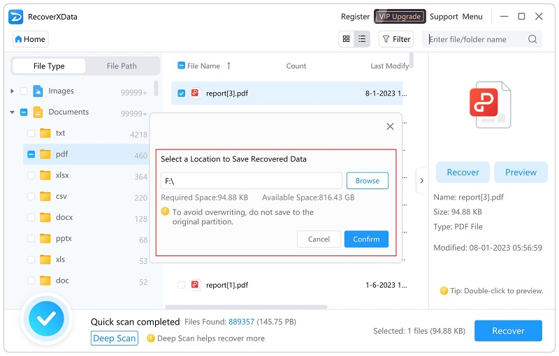 Select a location to save the recovered data